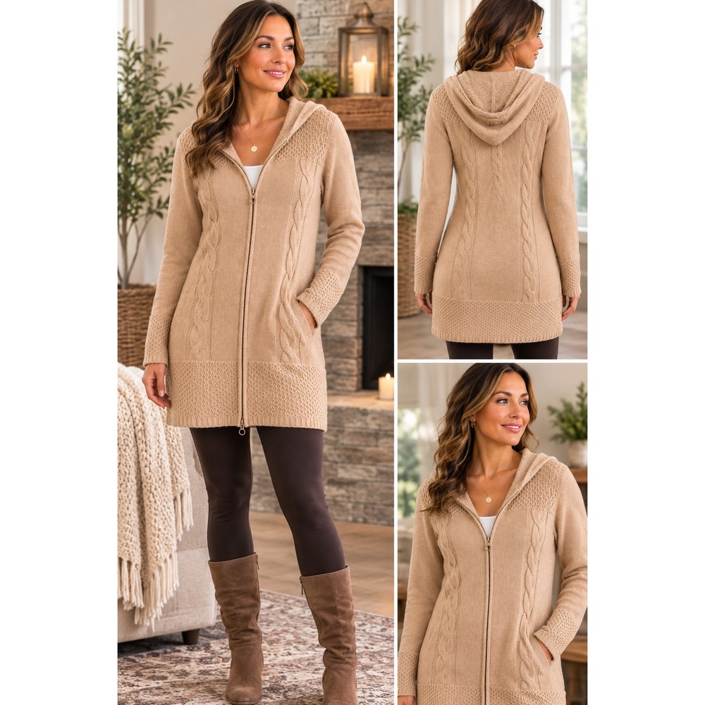 Athleta Cotton Cashmere Cable Knit Hooded Cardigan Sweater Tan Medium 720978